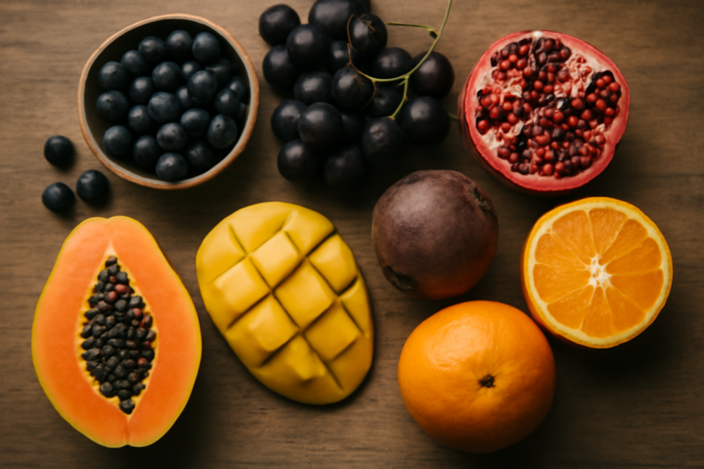 Berbagai buah tinggi antioksidan seperti blueberry, anggur hitam, delima, bit, jeruk, mangga, dan pepaya di atas meja kayu