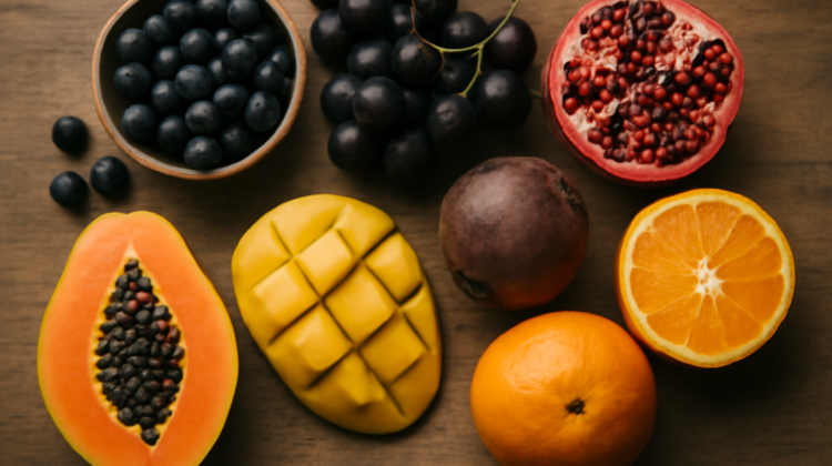 Berbagai buah tinggi antioksidan seperti blueberry, anggur hitam, delima, bit, jeruk, mangga, dan pepaya di atas meja kayu