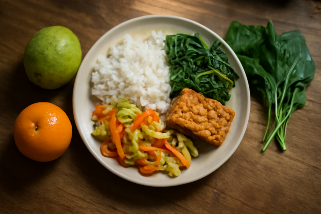 Piring makan dengan sayur, buah, dan tempe untuk memulai pola makan antioksidan