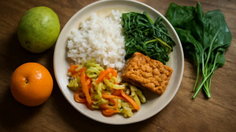 Piring makan dengan sayur, buah, dan tempe untuk memulai pola makan antioksidan