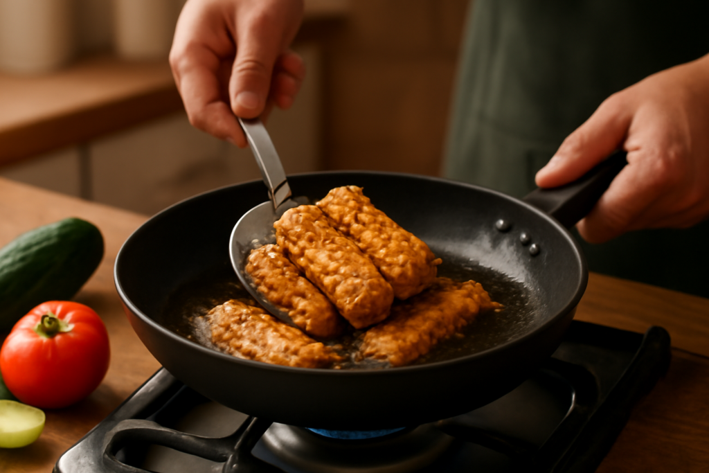 Seseorang sedang menggoreng tempe dengan minyak bersih, ditemani irisan sayur segar di dapur.