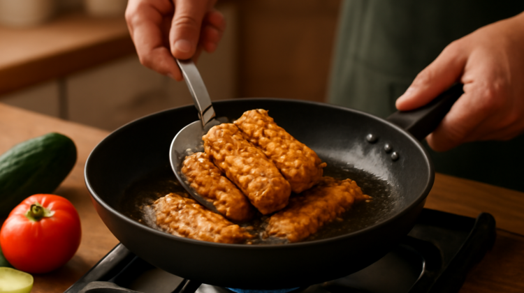Seseorang sedang menggoreng tempe dengan minyak bersih, ditemani irisan sayur segar di dapur.