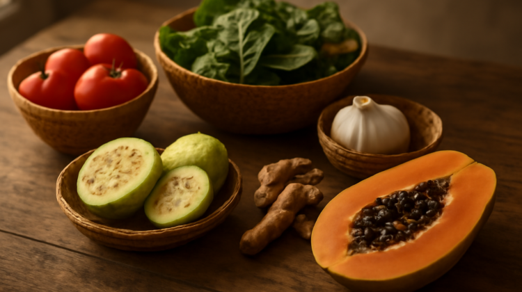 Aneka buah, sayur, dan rempah sumber antioksidan di atas meja kayu