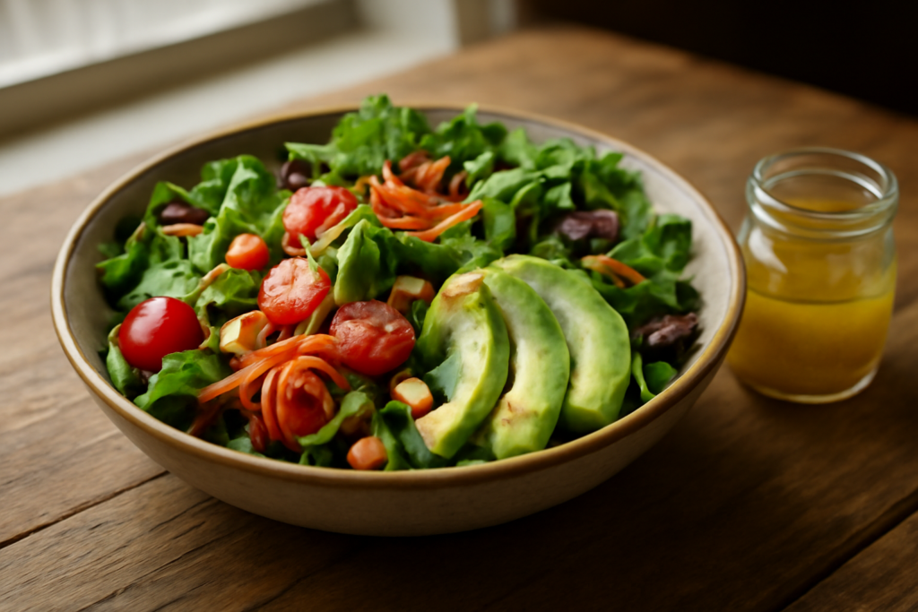 Salad antioksidan rumahan dengan sayuran hijau, tomat ceri, alpukat, dan kacang almond di atas meja kayu