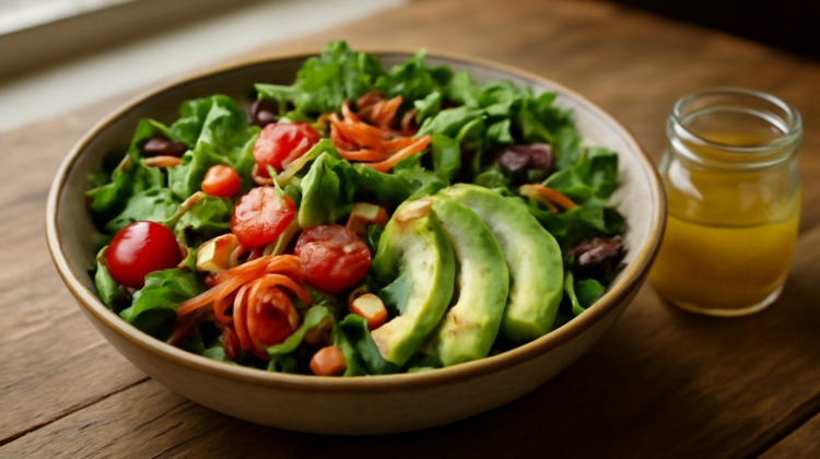 Salad antioksidan rumahan dengan sayuran hijau, tomat ceri, alpukat, dan kacang almond di atas meja kayu