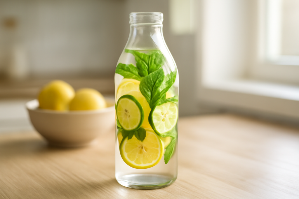 Botol kaca berisi infused water dengan irisan lemon, timun, dan daun mint segar di dapur