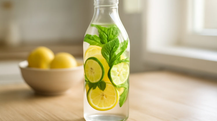 Botol kaca berisi infused water dengan irisan lemon, timun, dan daun mint segar di dapur