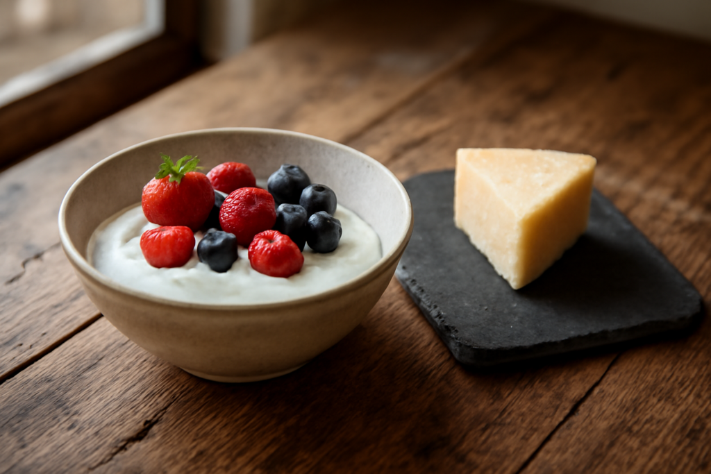 Semangkuk yoghurt plain dengan buah beri dan potongan keju di atas meja kayu