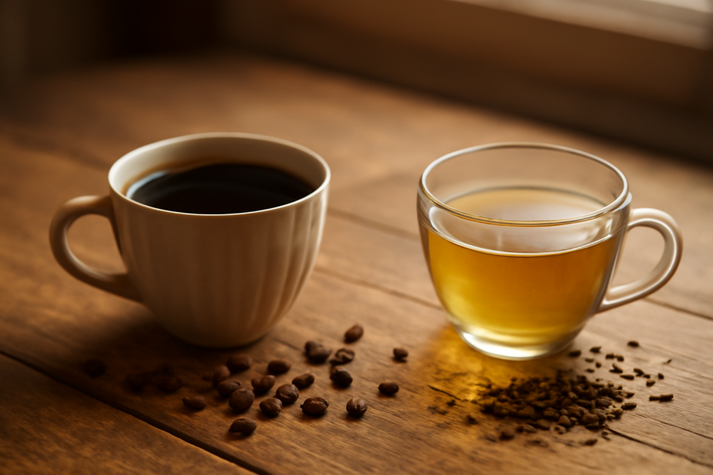 Secangkir kopi hitam dan segelas teh hijau berdampingan di meja kayu sebagai perbandingan minuman berantioksidan