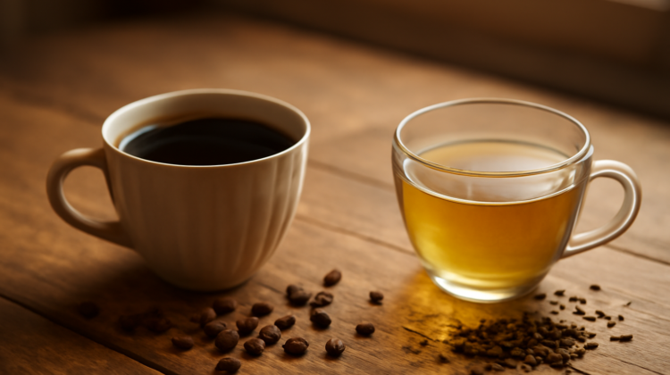 Secangkir kopi hitam dan segelas teh hijau berdampingan di meja kayu sebagai perbandingan minuman berantioksidan