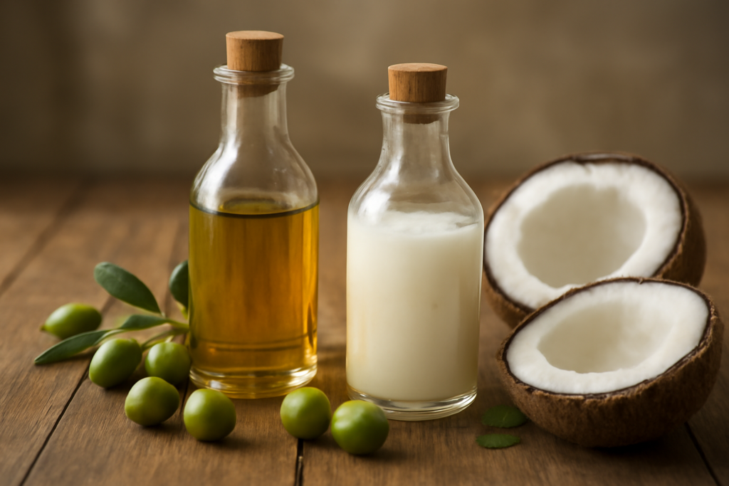 Botol minyak zaitun dan minyak kelapa di atas meja kayu bersama buah zaitun dan kelapa