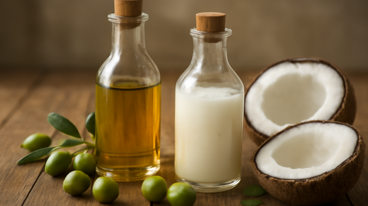 Botol minyak zaitun dan minyak kelapa di atas meja kayu bersama buah zaitun dan kelapa